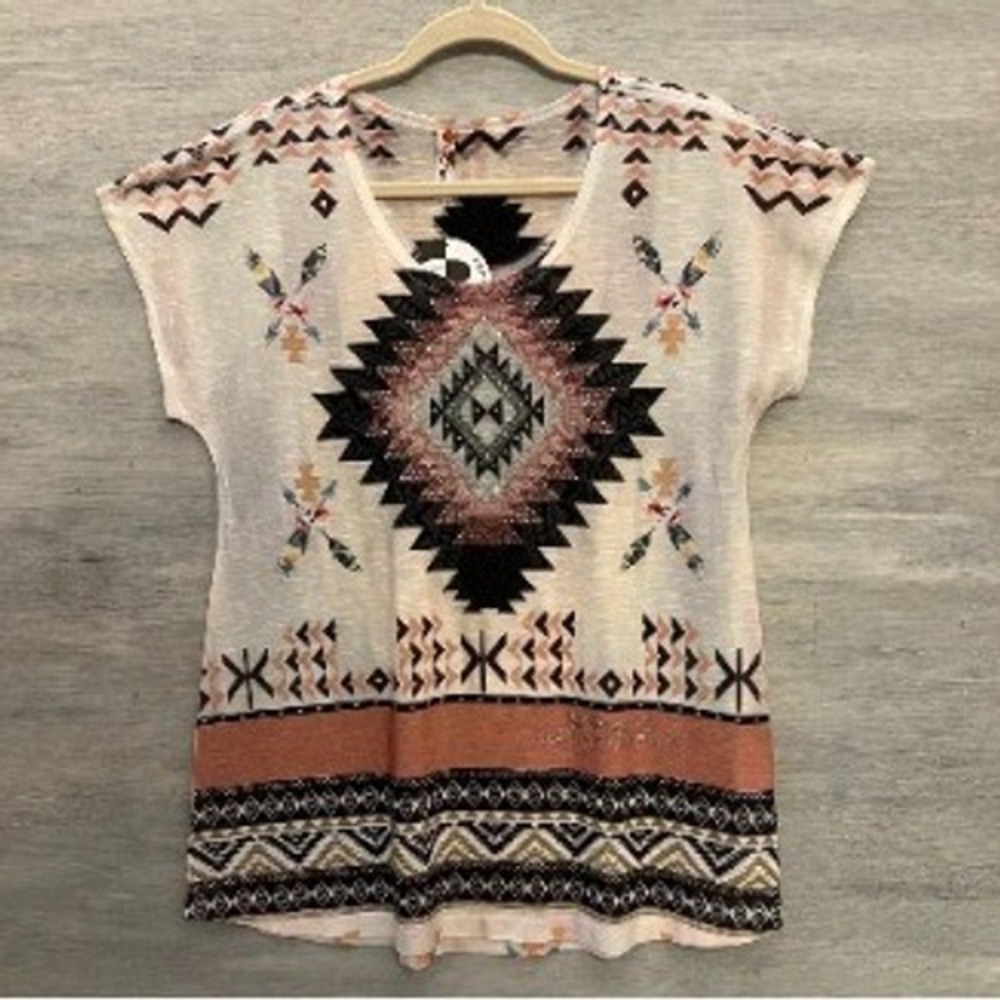 Big Bang USA Bedazzled Southwestern Geometric Aztec Print‎ Knit Blouse Small NWT